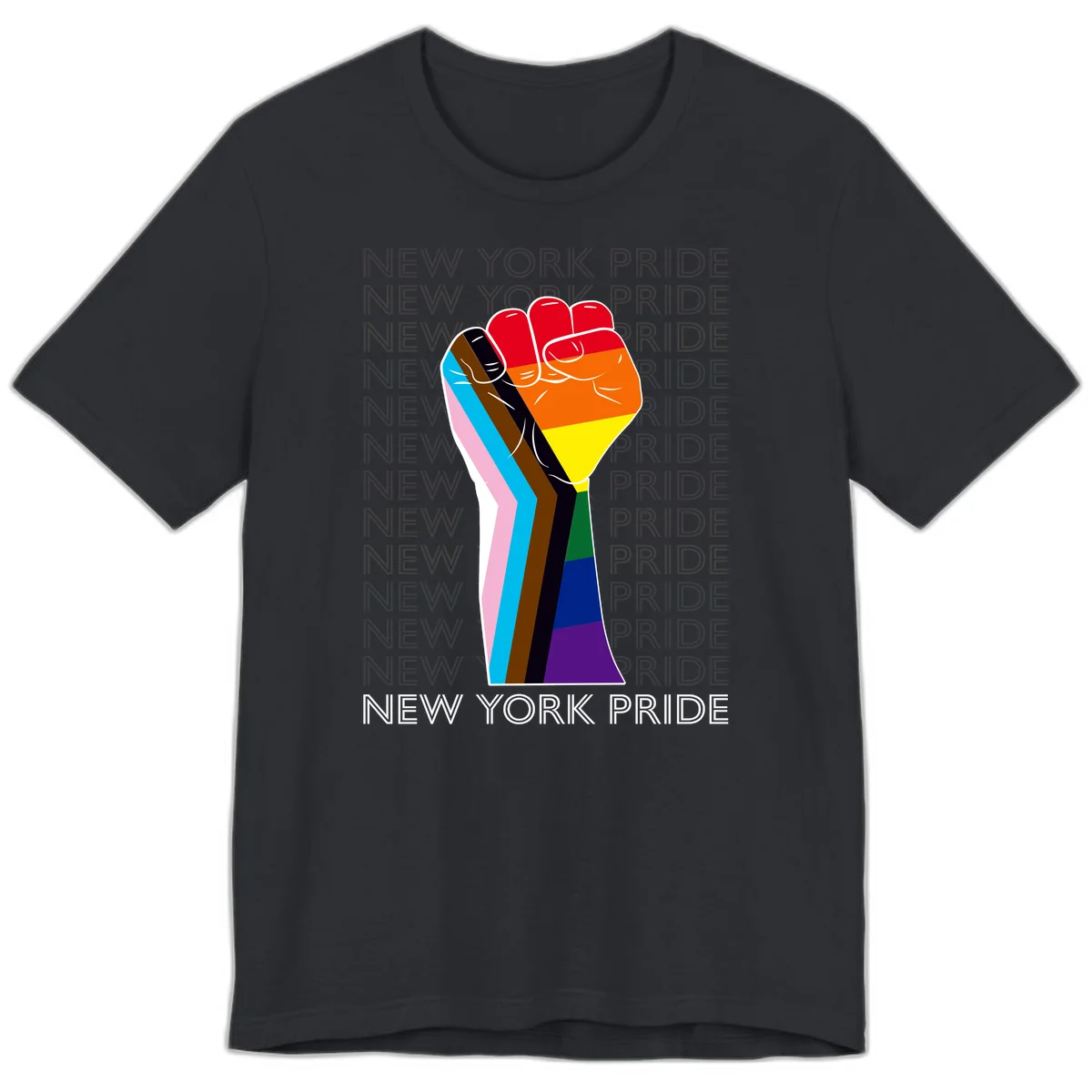 Raised fist in rainbow pride colors with pink, cyan, brown, and black diversity stripes on gray background with New York Pride text in Vintage Black