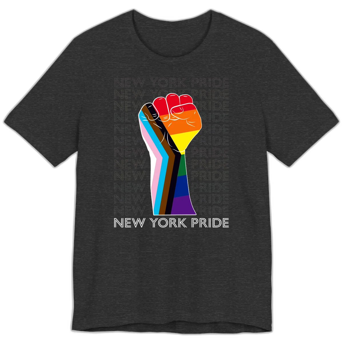 Raised fist in rainbow pride colors with pink, cyan, brown, and black diversity stripes on gray background with New York Pride text in Dark Grey Heather