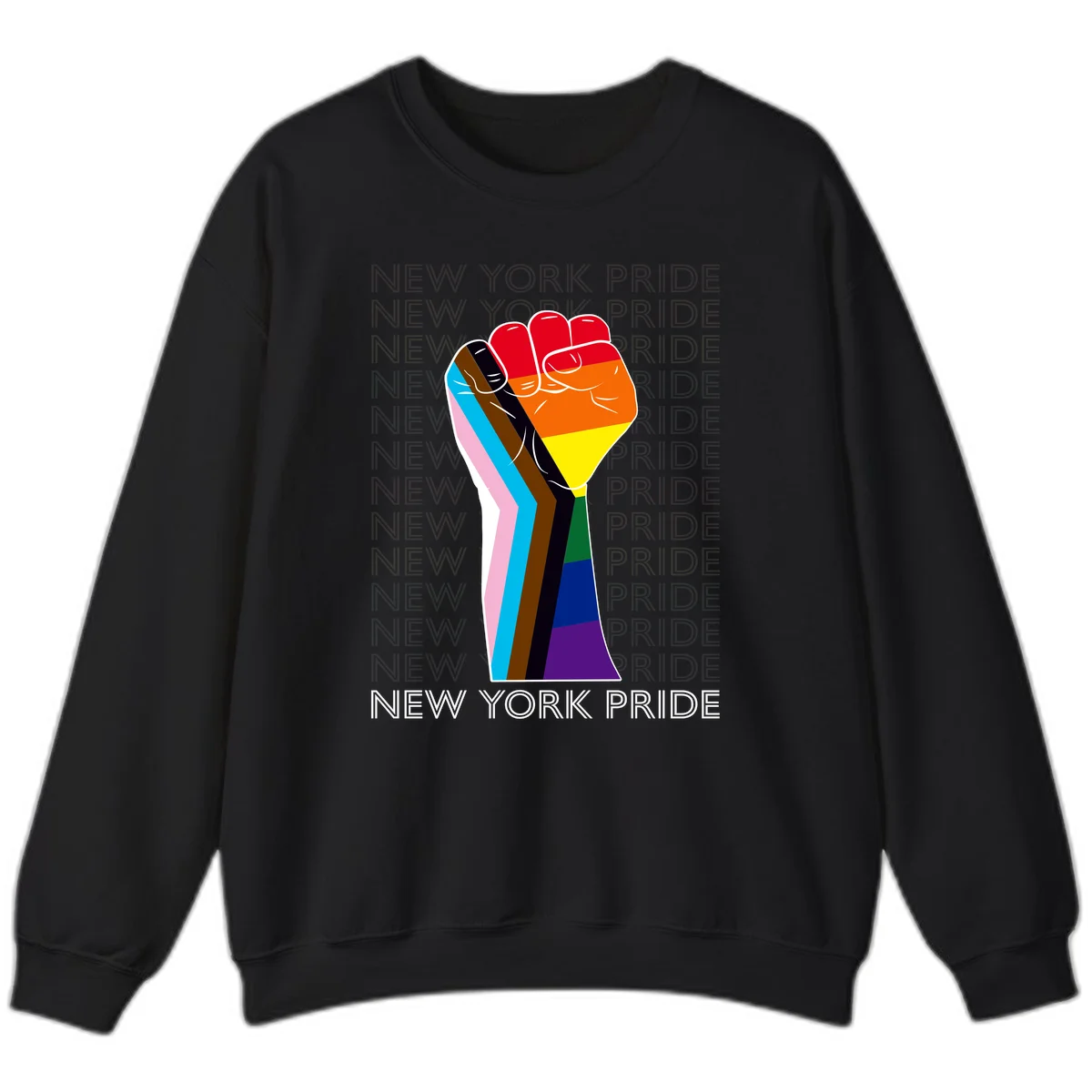 Raised fist in rainbow pride colors with pink, cyan, brown, and black diversity stripes on gray background with New York Pride text in Black