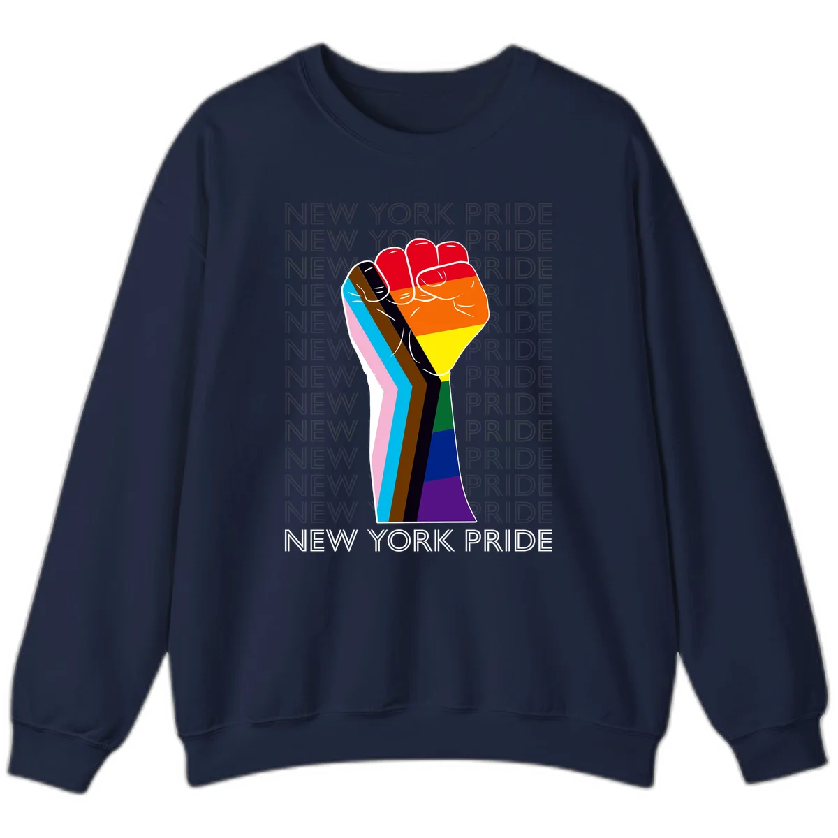 Raised fist in rainbow pride colors with pink, cyan, brown, and black diversity stripes on gray background with New York Pride text in Navy