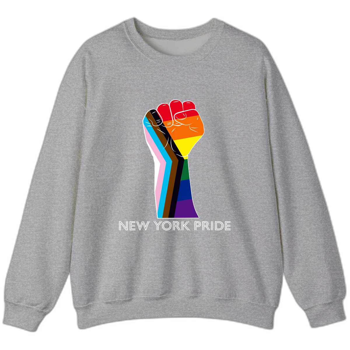 Raised fist in rainbow pride colors with pink, cyan, brown, and black diversity stripes on gray background with New York Pride text in Sport Grey