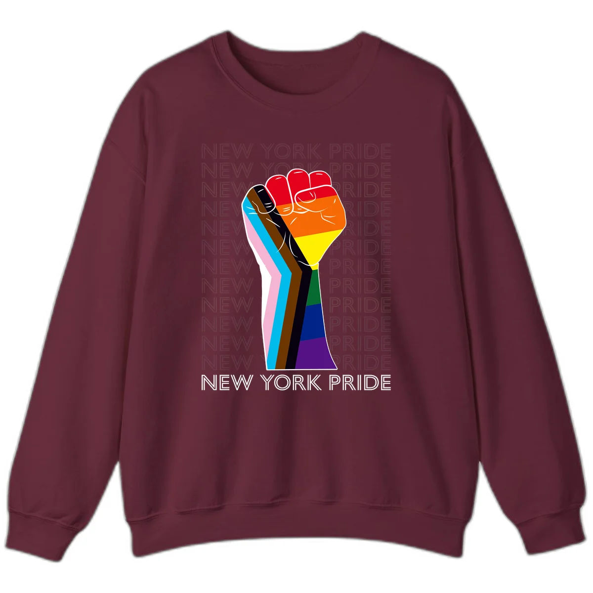 Raised fist in rainbow pride colors with pink, cyan, brown, and black diversity stripes on gray background with New York Pride text in Maroon