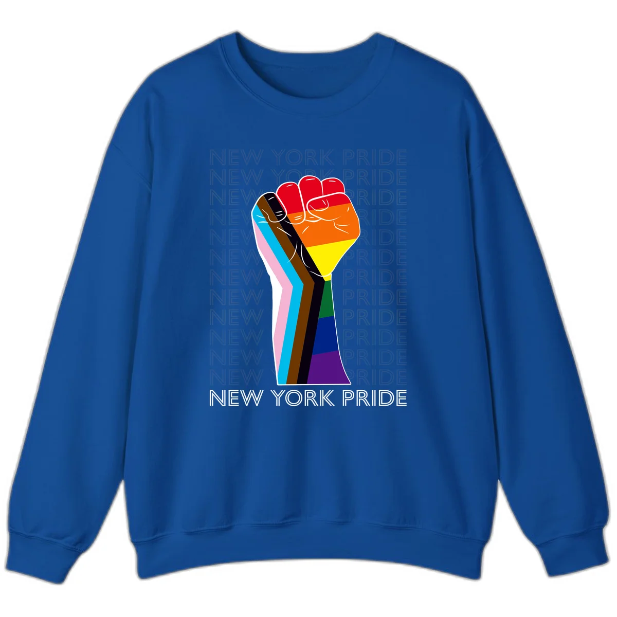 Raised fist in rainbow pride colors with pink, cyan, brown, and black diversity stripes on gray background with New York Pride text in Royal