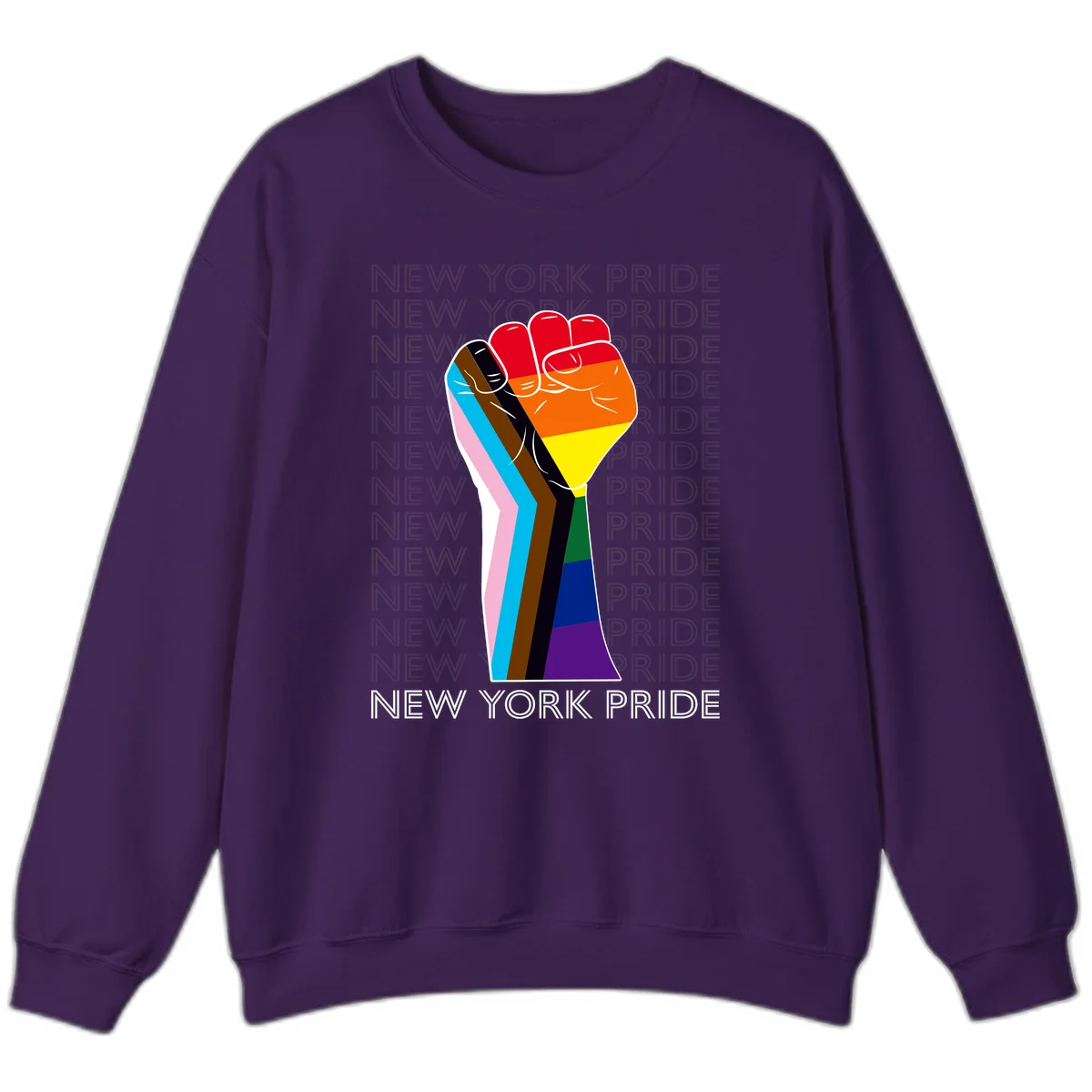Raised fist in rainbow pride colors with pink, cyan, brown, and black diversity stripes on gray background with New York Pride text in Purple