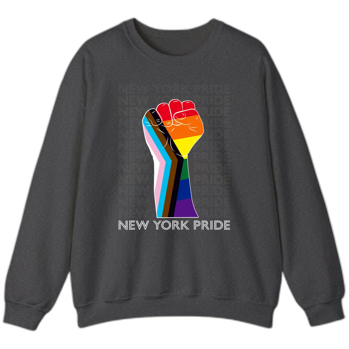 Raised fist in rainbow pride colors with pink, cyan, brown, and black diversity stripes on gray background with New York Pride text in Dark Heather