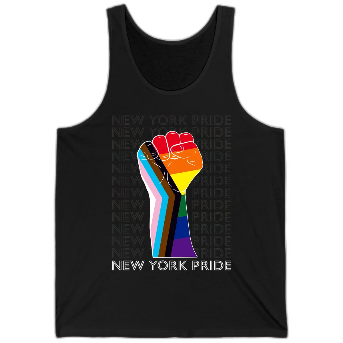 Raised fist in rainbow pride colors with pink, cyan, brown, and black diversity stripes on gray background with New York Pride text in Black