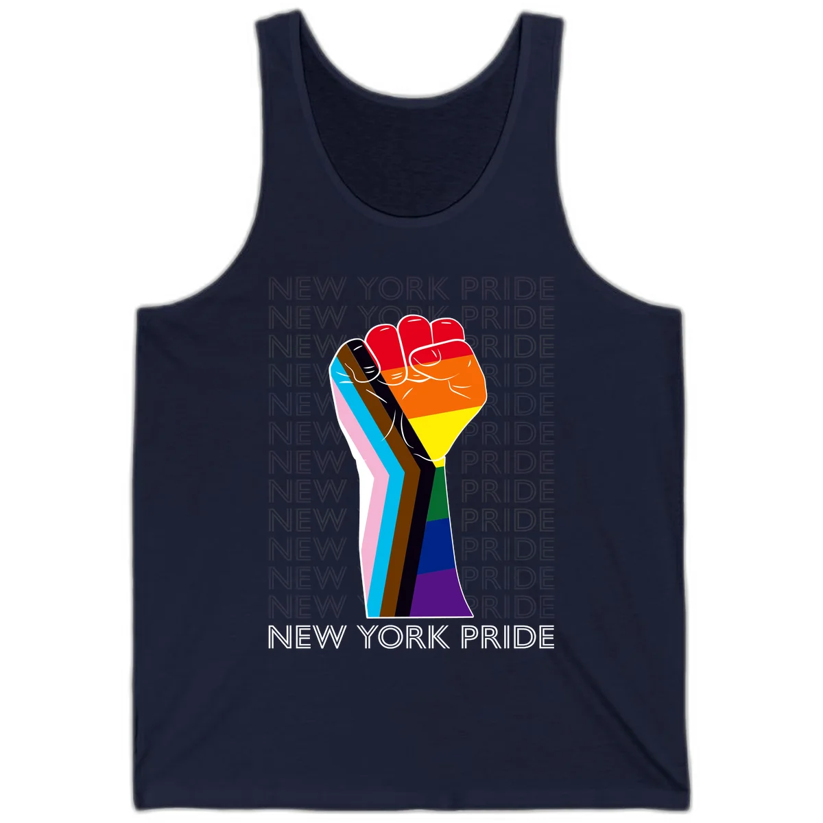 Raised fist in rainbow pride colors with pink, cyan, brown, and black diversity stripes on gray background with New York Pride text in Navy