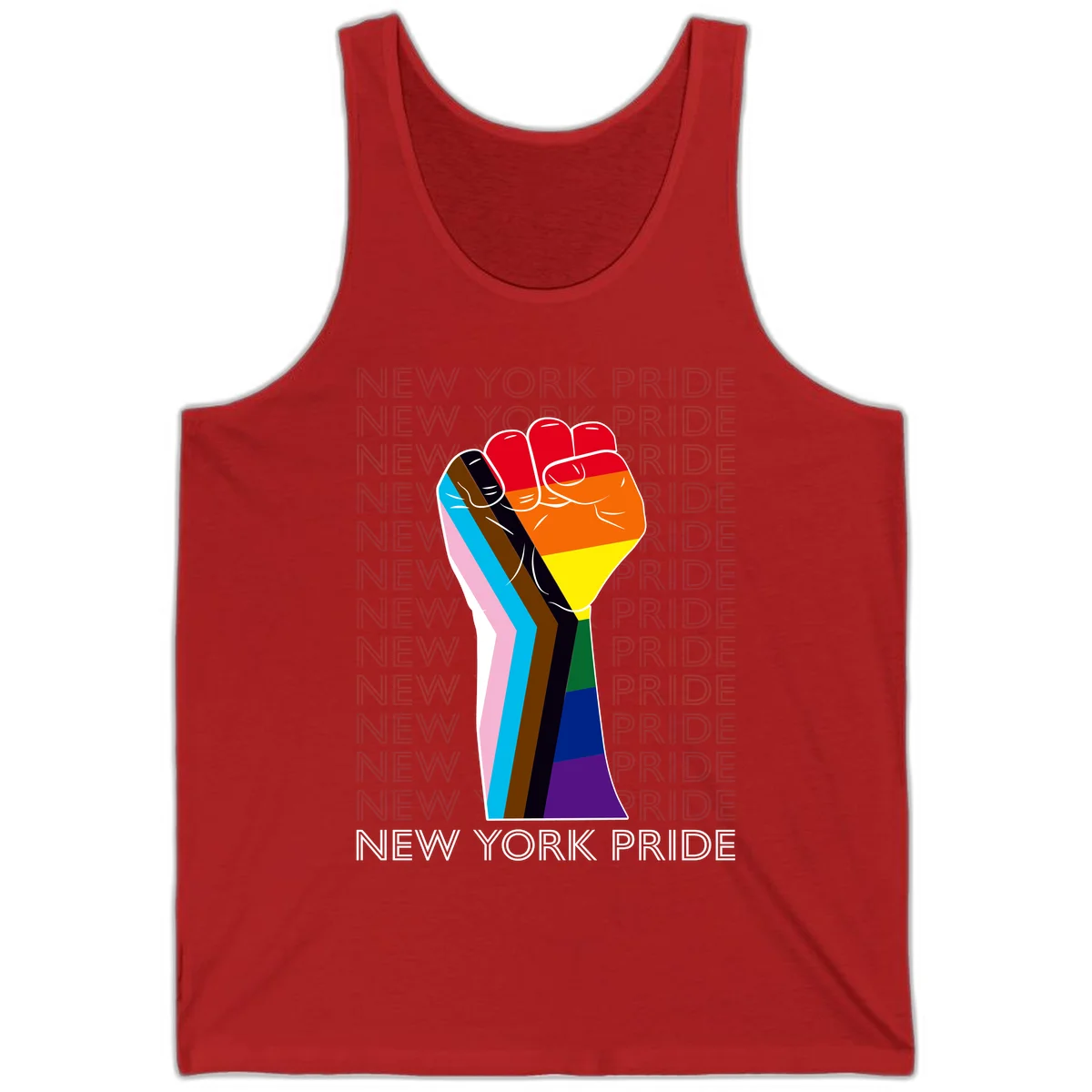 Raised fist in rainbow pride colors with pink, cyan, brown, and black diversity stripes on gray background with New York Pride text in Red