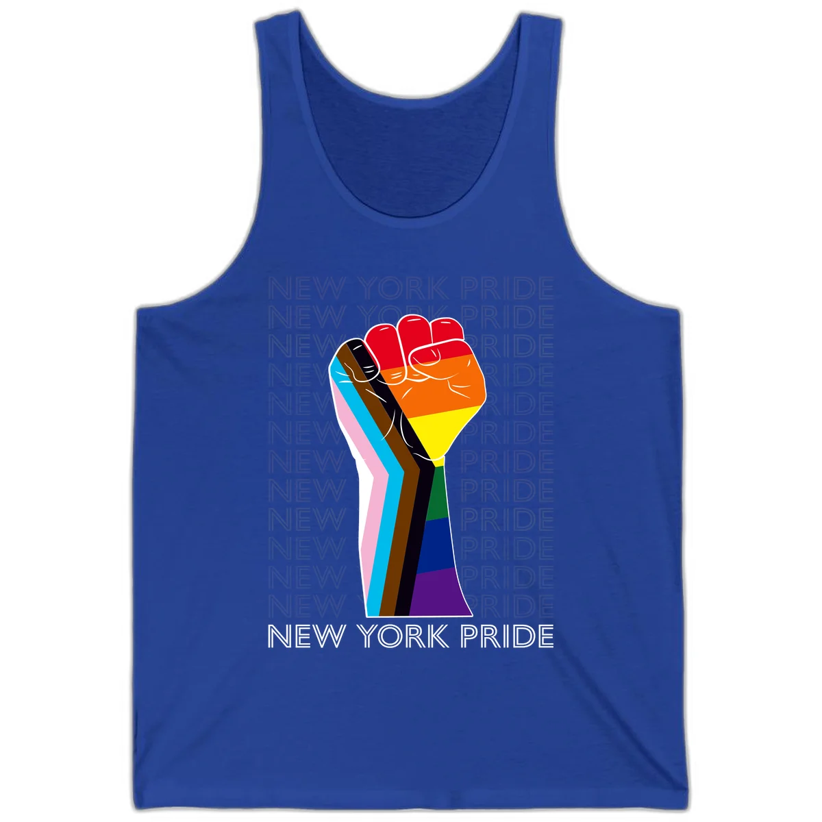 Raised fist in rainbow pride colors with pink, cyan, brown, and black diversity stripes on gray background with New York Pride text in True Royal