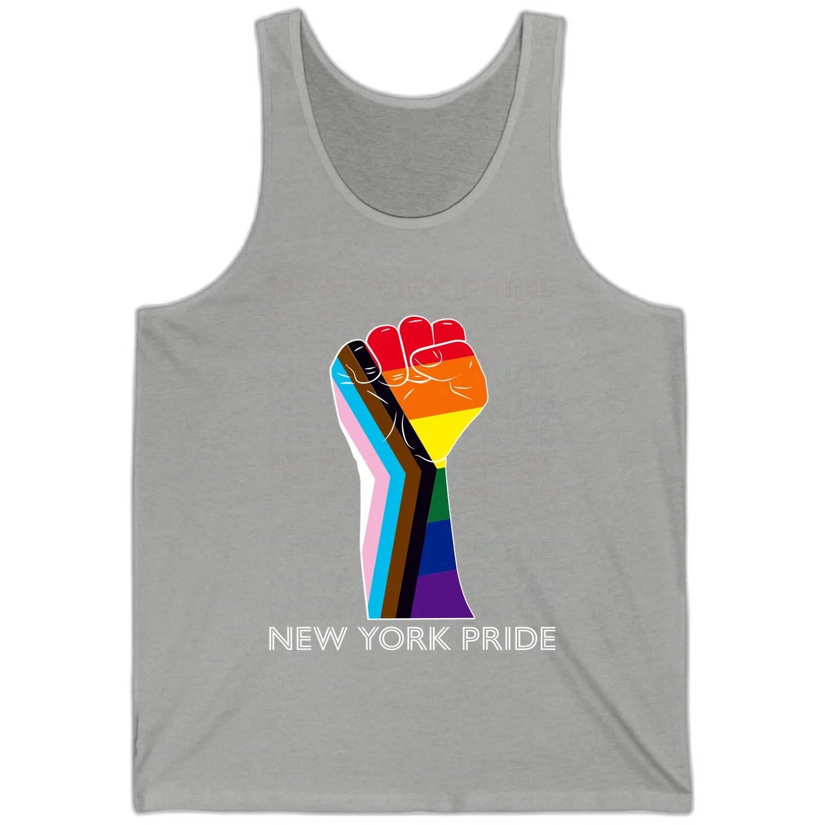 Raised fist in rainbow pride colors with pink, cyan, brown, and black diversity stripes on gray background with New York Pride text in Athletic Heather