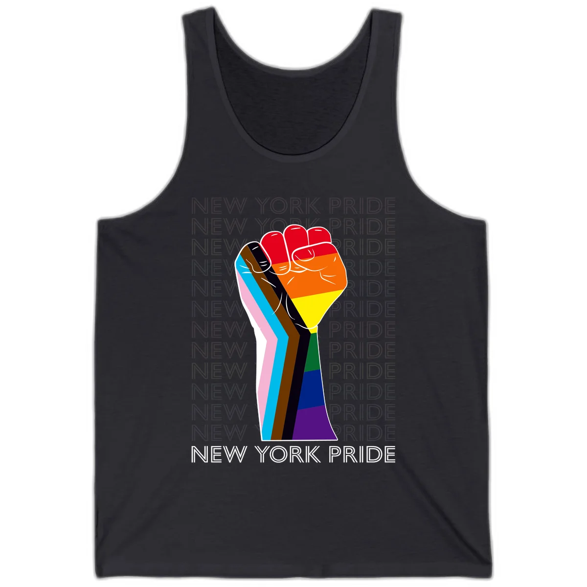Raised fist in rainbow pride colors with pink, cyan, brown, and black diversity stripes on gray background with New York Pride text in Dark Grey