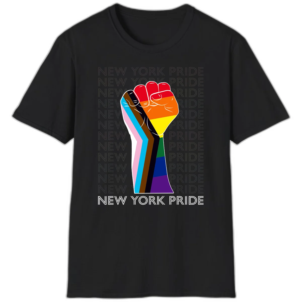 Raised fist in rainbow pride colors with pink, cyan, brown, and black diversity stripes on gray background with New York Pride text in Black