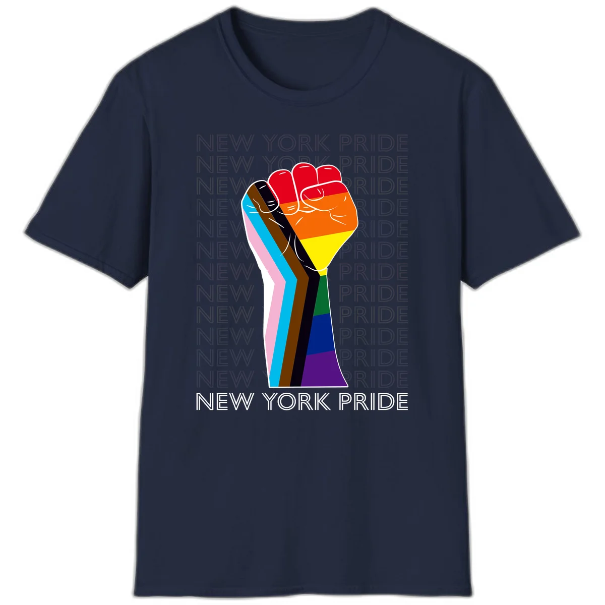 Raised fist in rainbow pride colors with pink, cyan, brown, and black diversity stripes on gray background with New York Pride text in Navy