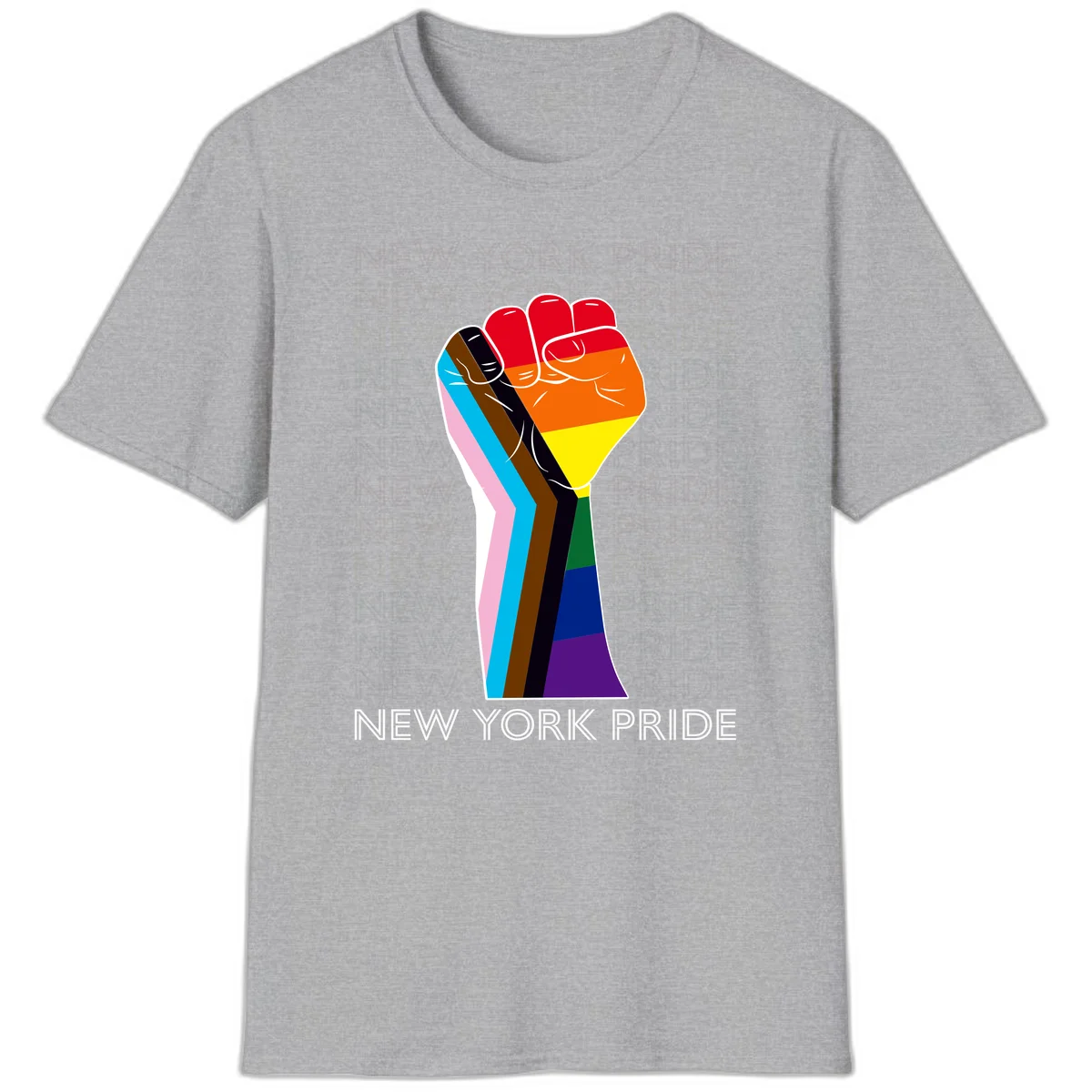 Raised fist in rainbow pride colors with pink, cyan, brown, and black diversity stripes on gray background with New York Pride text in Sport Grey