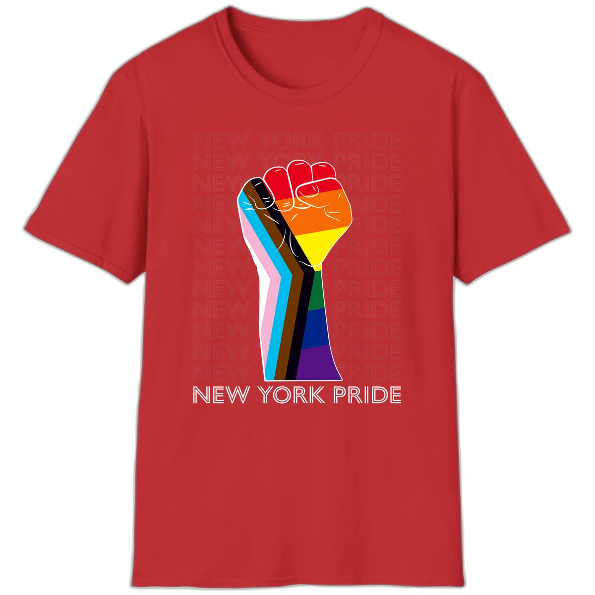 Raised fist in rainbow pride colors with pink, cyan, brown, and black diversity stripes on gray background with New York Pride text in Red