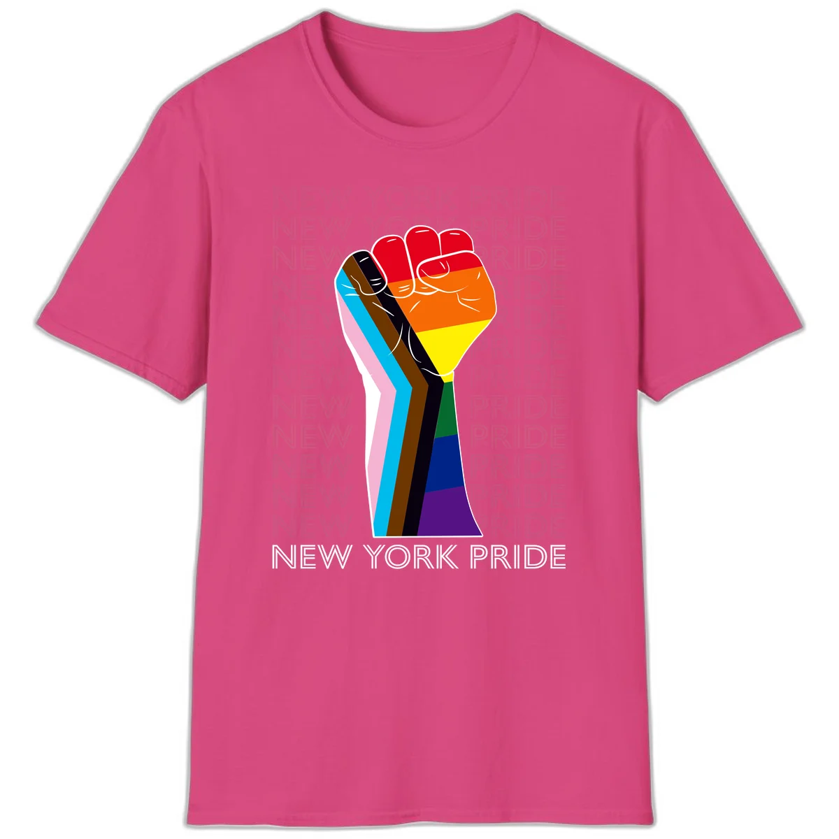 Raised fist in rainbow pride colors with pink, cyan, brown, and black diversity stripes on gray background with New York Pride text in Heliconia