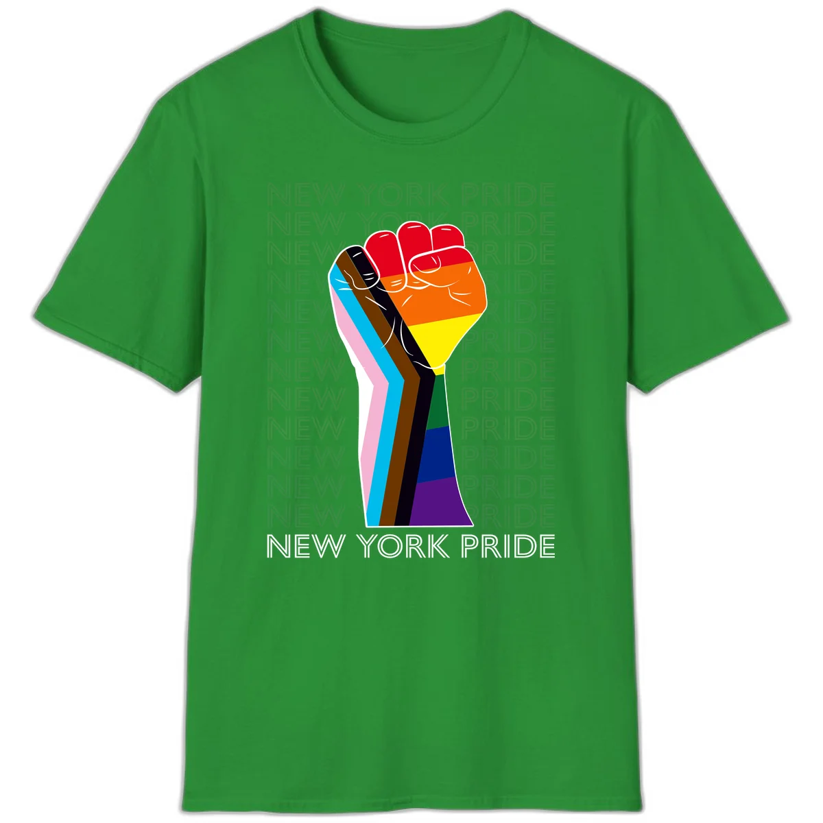 Raised fist in rainbow pride colors with pink, cyan, brown, and black diversity stripes on gray background with New York Pride text in Irish Green