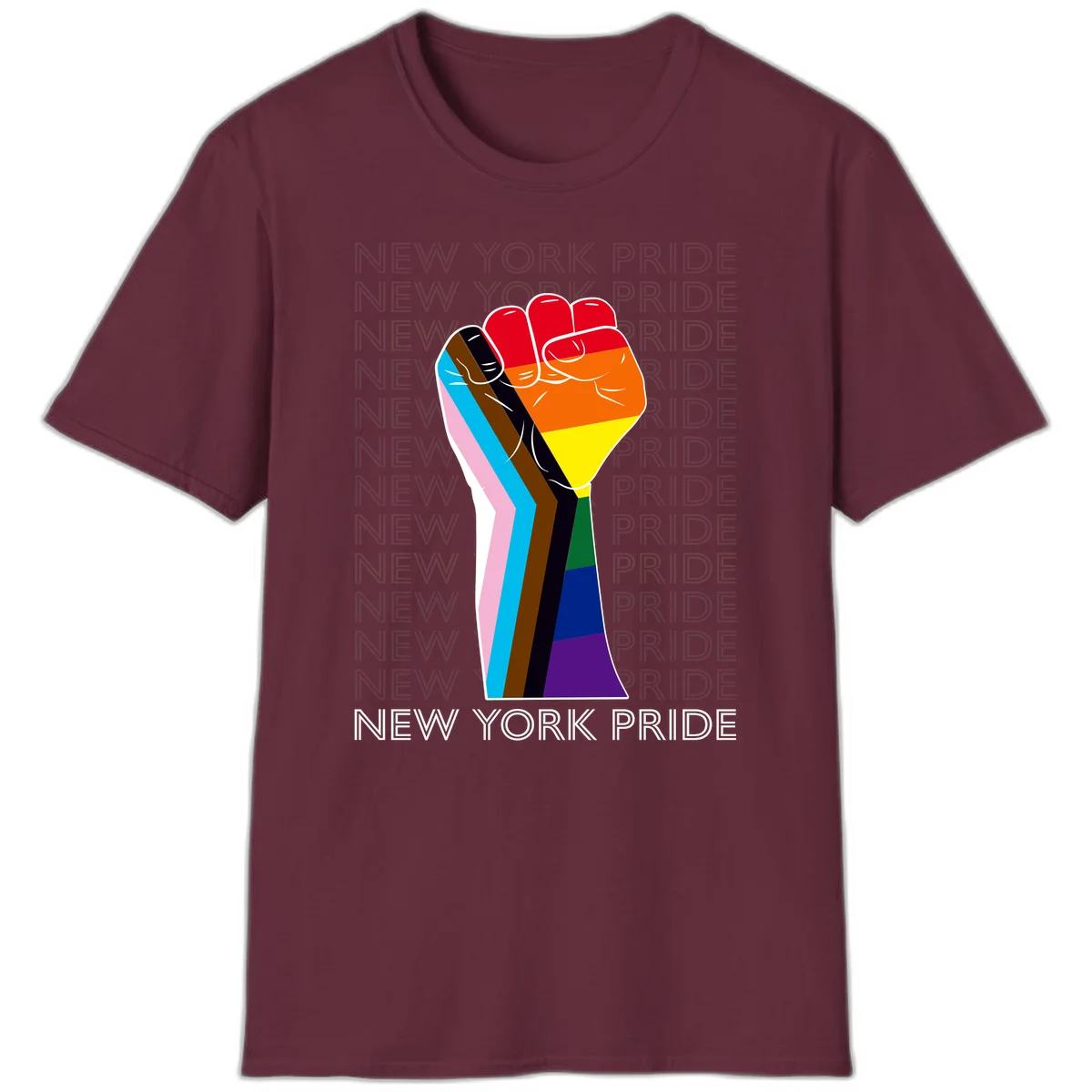 Raised fist in rainbow pride colors with pink, cyan, brown, and black diversity stripes on gray background with New York Pride text in Maroon