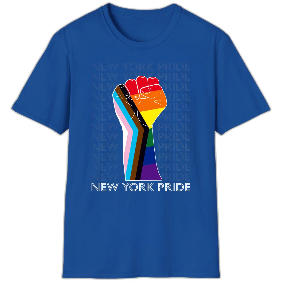 Raised fist in rainbow pride colors with pink, cyan, brown, and black diversity stripes on gray background with New York Pride text in Royal