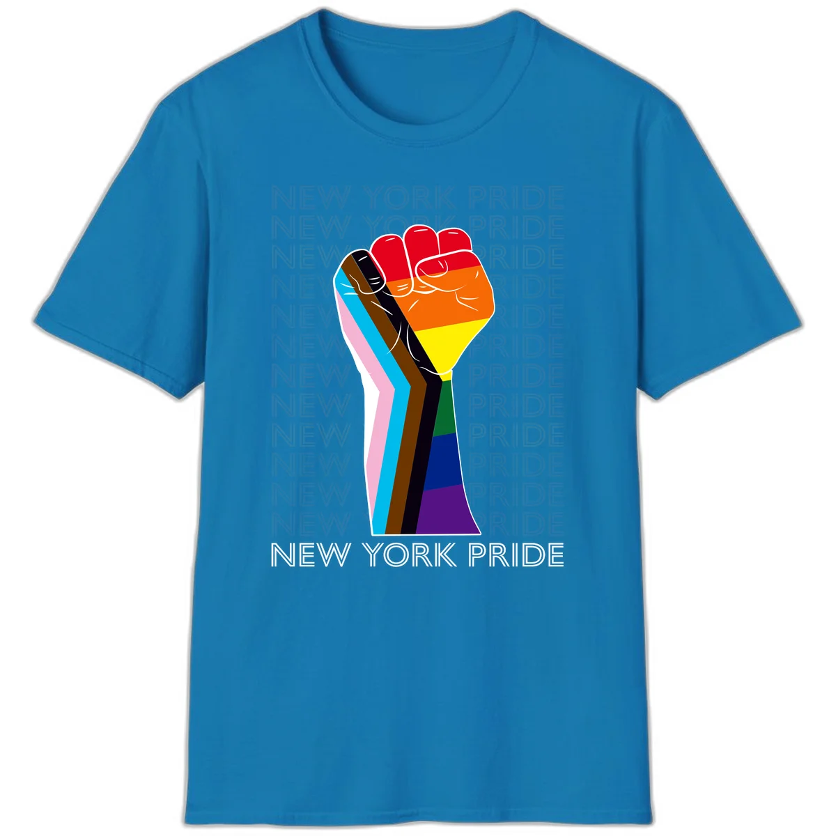 Raised fist in rainbow pride colors with pink, cyan, brown, and black diversity stripes on gray background with New York Pride text in Sapphire