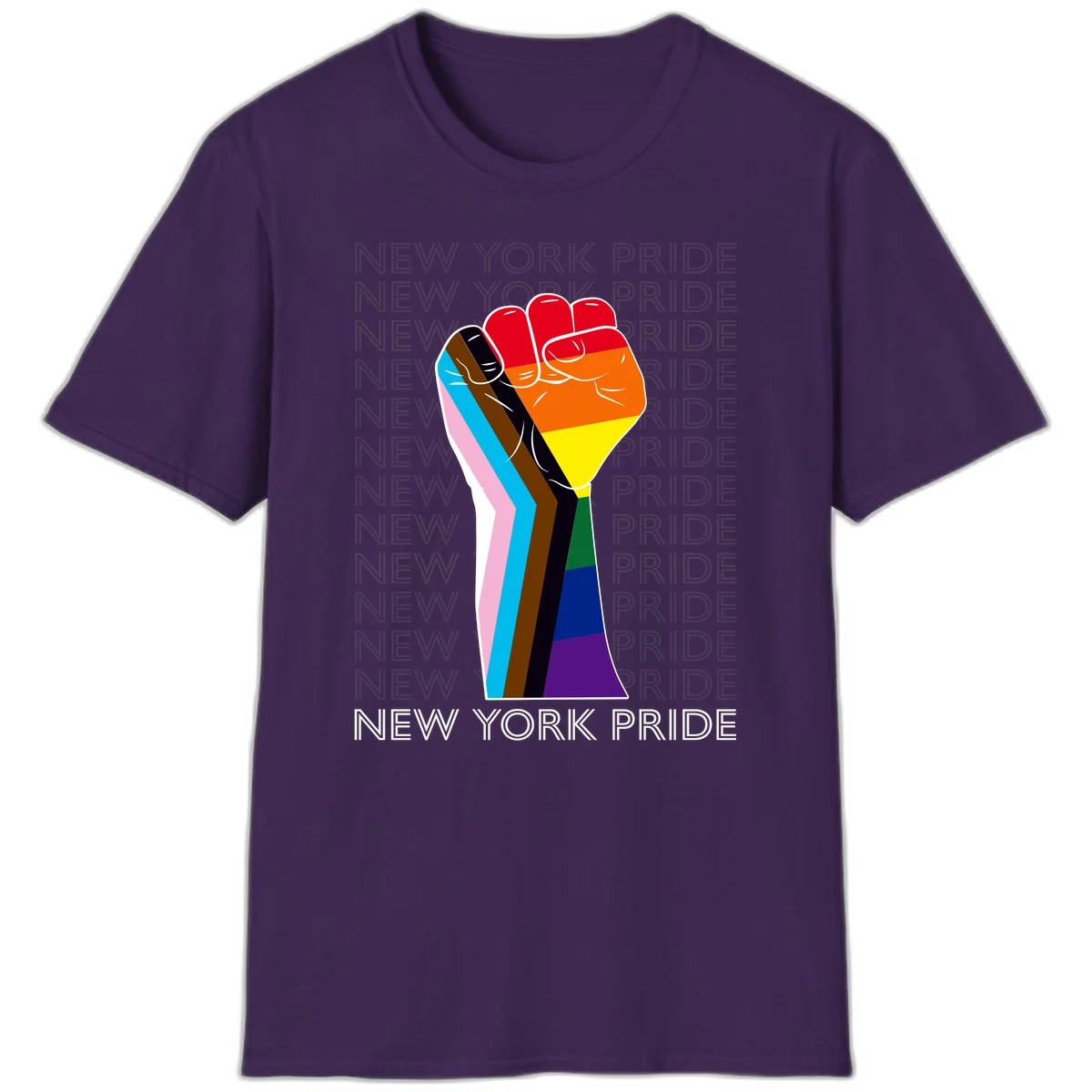 Raised fist in rainbow pride colors with pink, cyan, brown, and black diversity stripes on gray background with New York Pride text in Purple