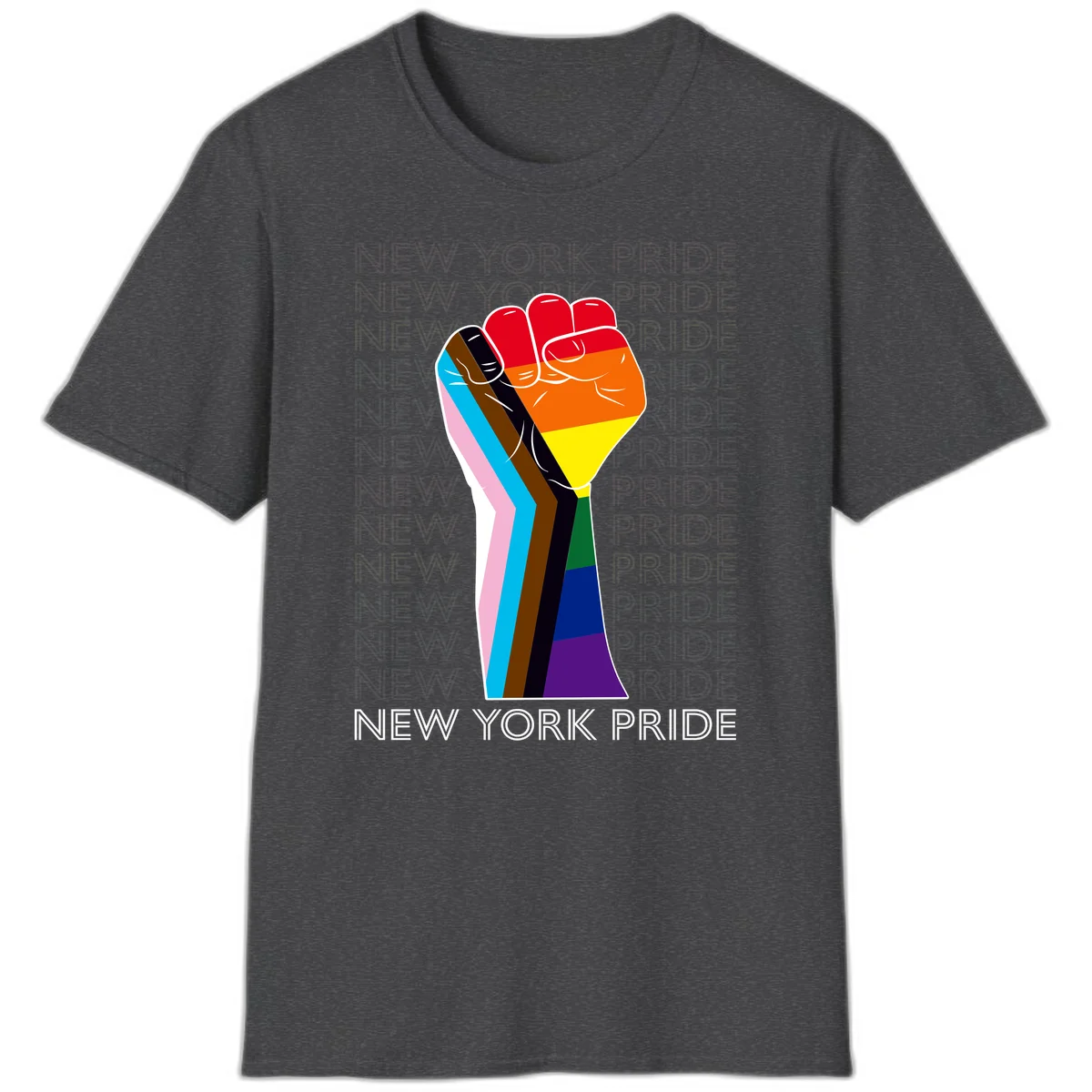 Raised fist in rainbow pride colors with pink, cyan, brown, and black diversity stripes on gray background with New York Pride text in Dark Heather