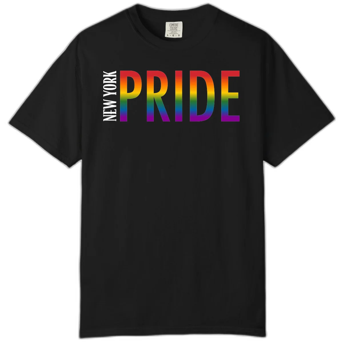 Pride rainbow gradient text design with bold letters transitioning through red, orange, yellow, green, blue, and purple spectrum colors in Black