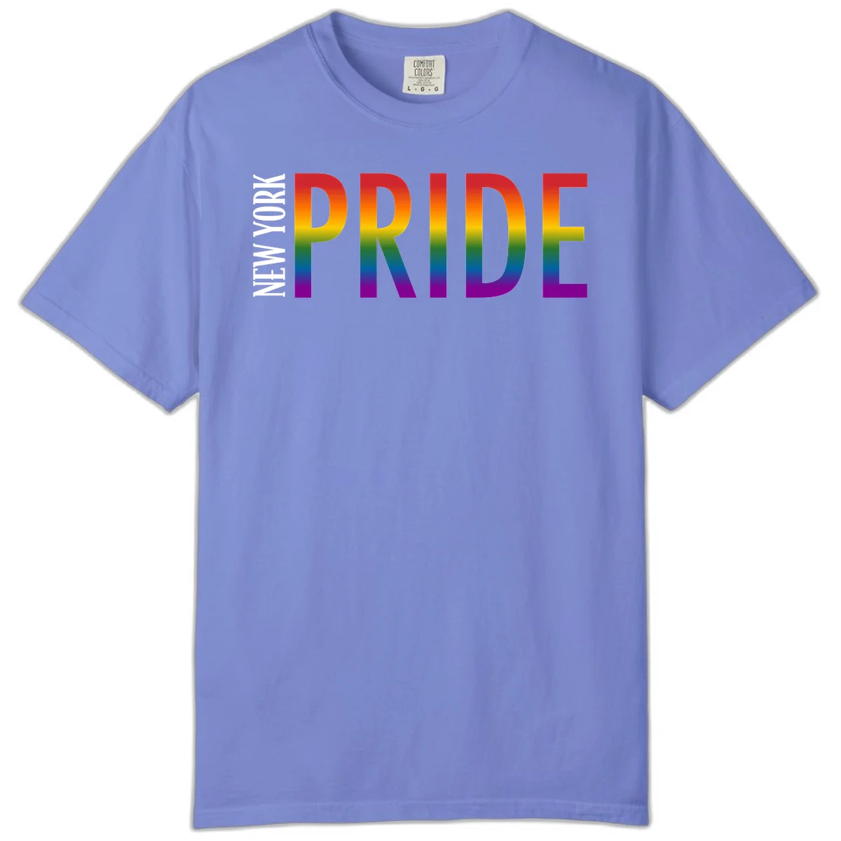 Pride rainbow gradient text design with bold letters transitioning through red, orange, yellow, green, blue, and purple spectrum colors in Flo Blue