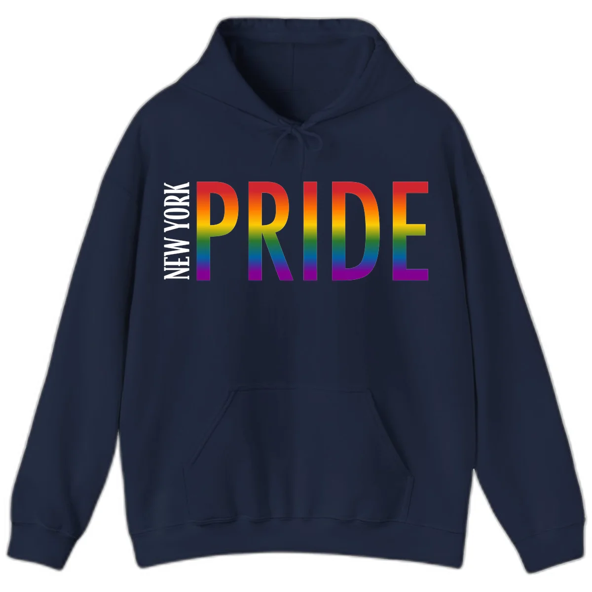 Pride rainbow gradient text design with bold letters transitioning through red, orange, yellow, green, blue, and purple spectrum colors in Navy