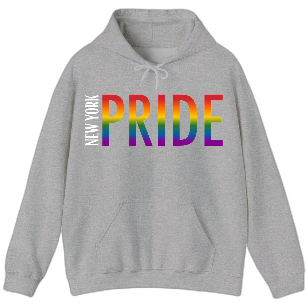 Pride rainbow gradient text design with bold letters transitioning through red, orange, yellow, green, blue, and purple spectrum colors in Sport Grey