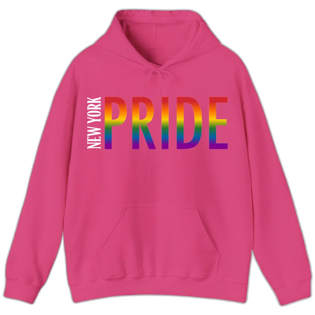 Pride rainbow gradient text design with bold letters transitioning through red, orange, yellow, green, blue, and purple spectrum colors in Heliconia