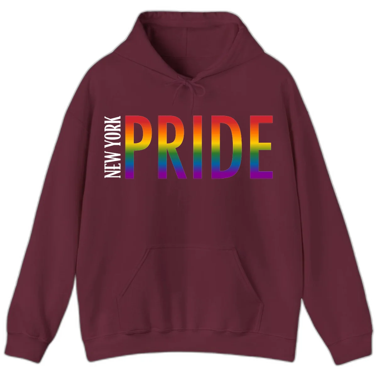 Pride rainbow gradient text design with bold letters transitioning through red, orange, yellow, green, blue, and purple spectrum colors in Maroon