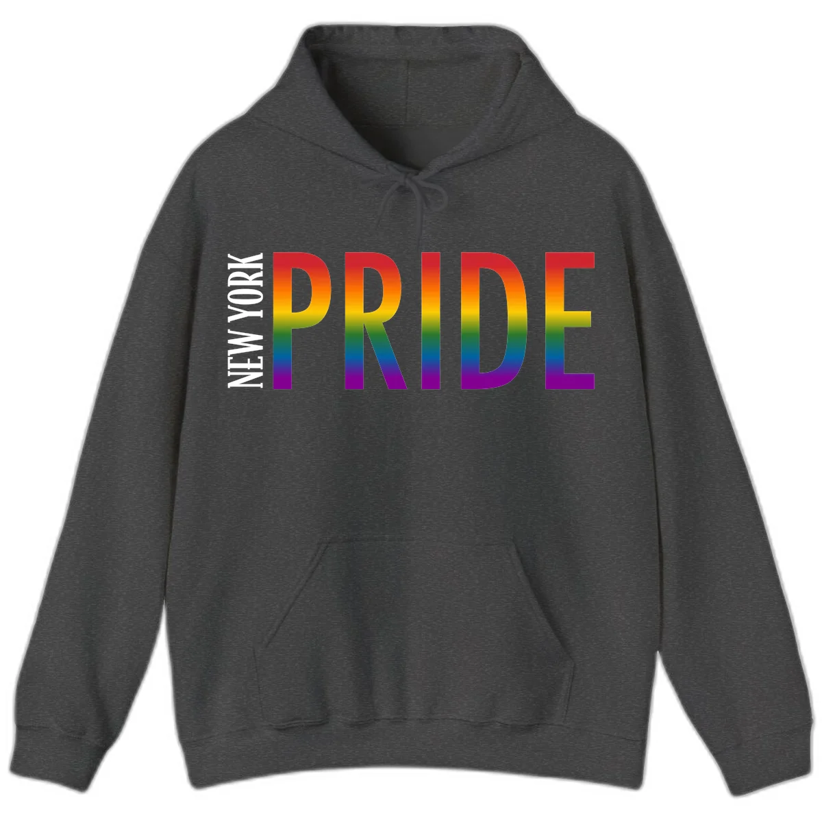 Pride rainbow gradient text design with bold letters transitioning through red, orange, yellow, green, blue, and purple spectrum colors in Dark Heather