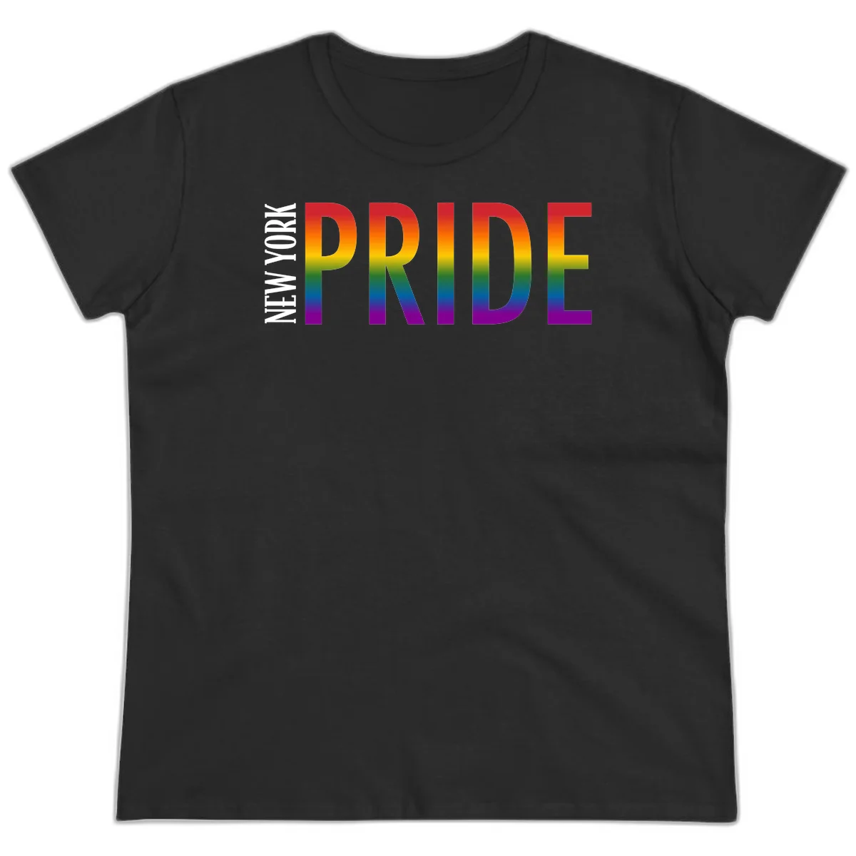 Pride rainbow gradient text design with bold letters transitioning through red, orange, yellow, green, blue, and purple spectrum colors in Black