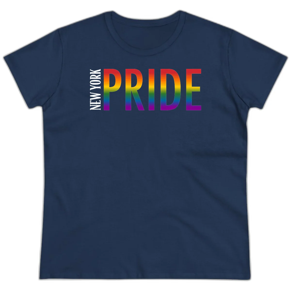Pride rainbow gradient text design with bold letters transitioning through red, orange, yellow, green, blue, and purple spectrum colors in Navy