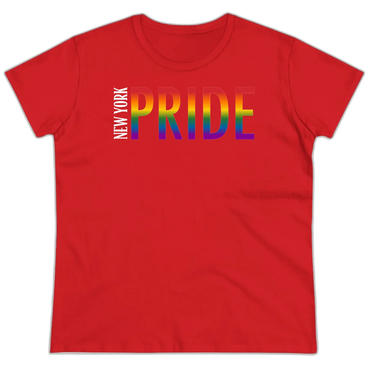 Pride rainbow gradient text design with bold letters transitioning through red, orange, yellow, green, blue, and purple spectrum colors in Red