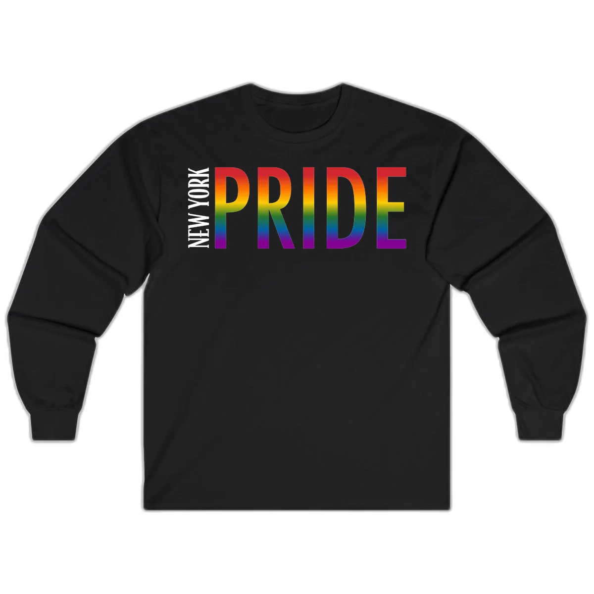 Pride rainbow gradient text design with bold letters transitioning through red, orange, yellow, green, blue, and purple spectrum colors in Black