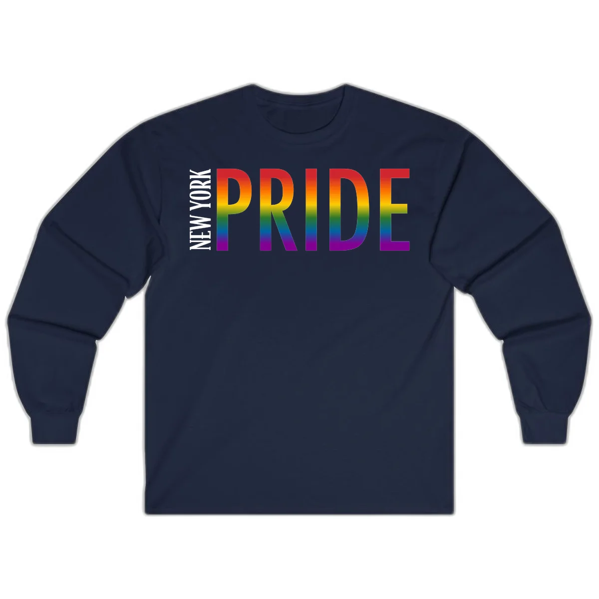 Pride rainbow gradient text design with bold letters transitioning through red, orange, yellow, green, blue, and purple spectrum colors in Navy