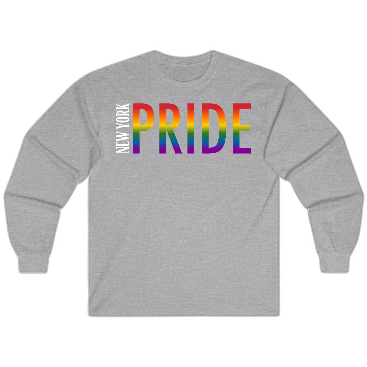 Pride rainbow gradient text design with bold letters transitioning through red, orange, yellow, green, blue, and purple spectrum colors in Sport Grey