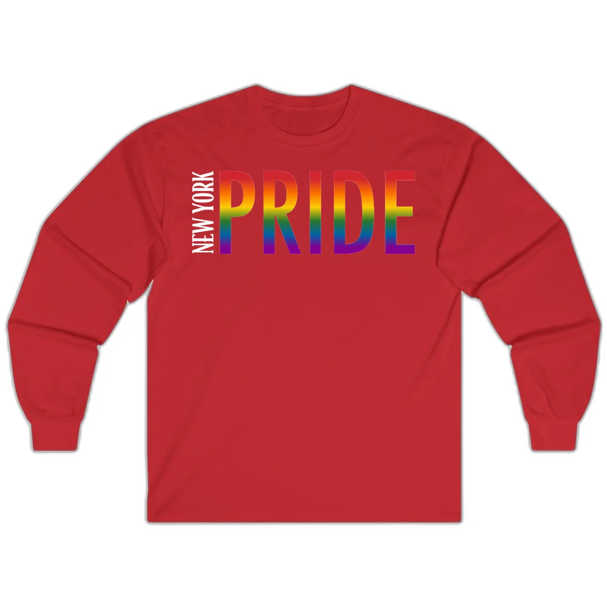 Pride rainbow gradient text design with bold letters transitioning through red, orange, yellow, green, blue, and purple spectrum colors in Red