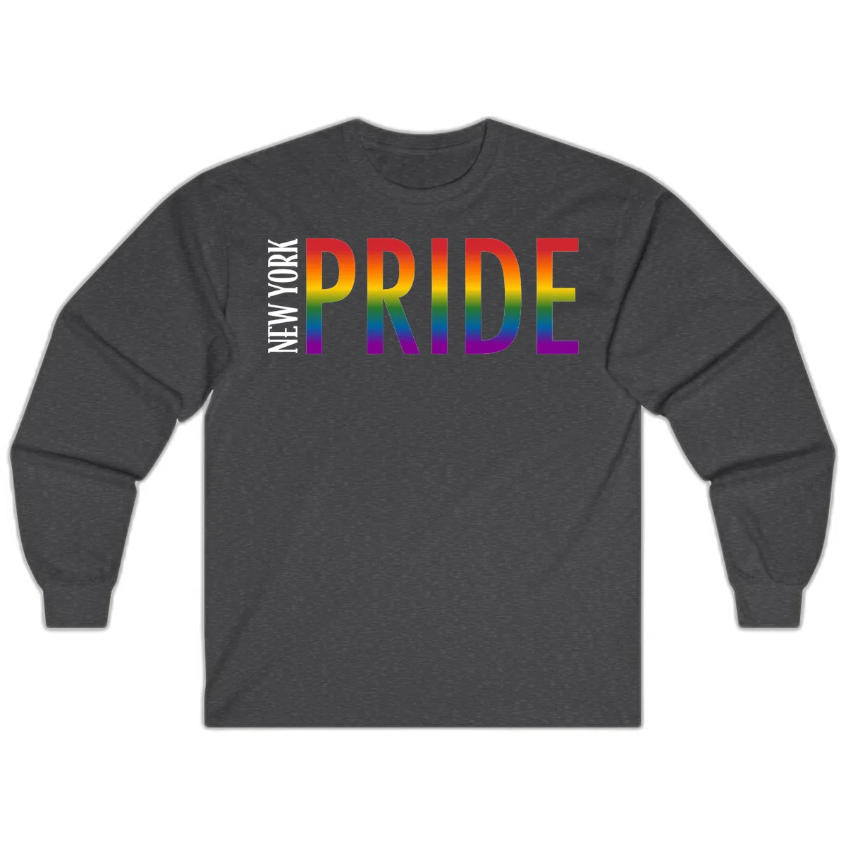 Pride rainbow gradient text design with bold letters transitioning through red, orange, yellow, green, blue, and purple spectrum colors in Dark Heather