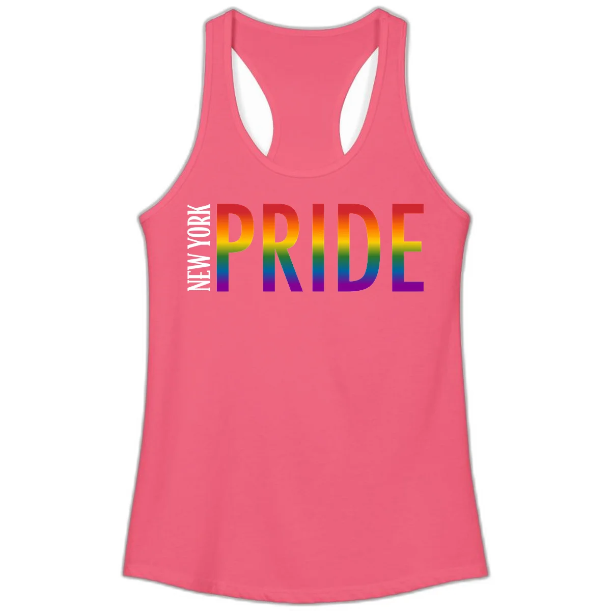 Pride rainbow gradient text design with bold letters transitioning through red, orange, yellow, green, blue, and purple spectrum colors in Hot Pink