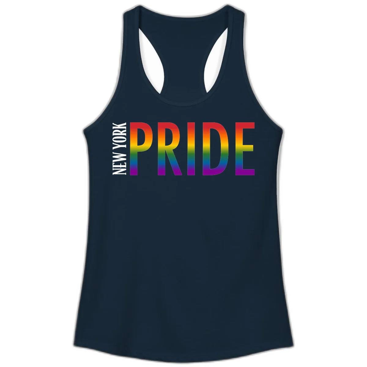 Pride rainbow gradient text design with bold letters transitioning through red, orange, yellow, green, blue, and purple spectrum colors in Solid Midnight Navy