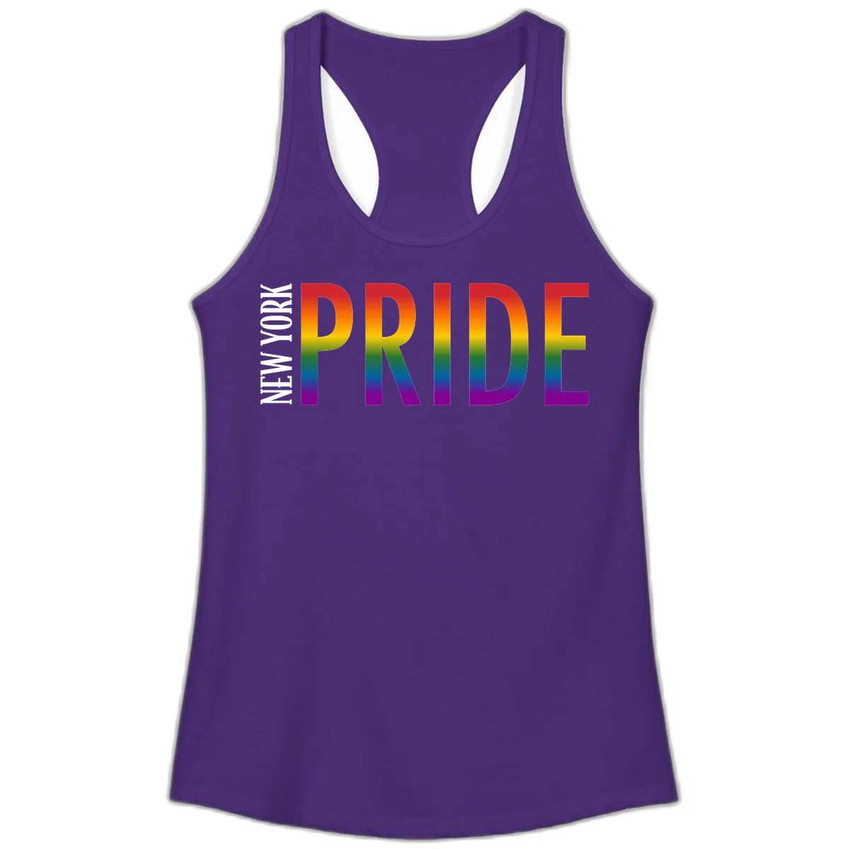 Pride rainbow gradient text design with bold letters transitioning through red, orange, yellow, green, blue, and purple spectrum colors in Solid Purple Rush