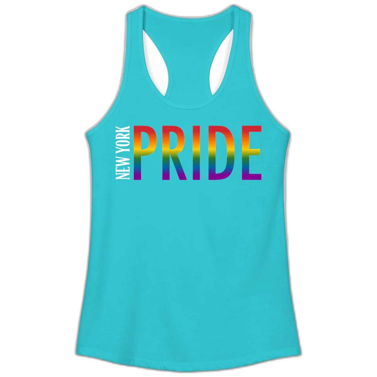 Pride rainbow gradient text design with bold letters transitioning through red, orange, yellow, green, blue, and purple spectrum colors in Solid Tahiti Blue
