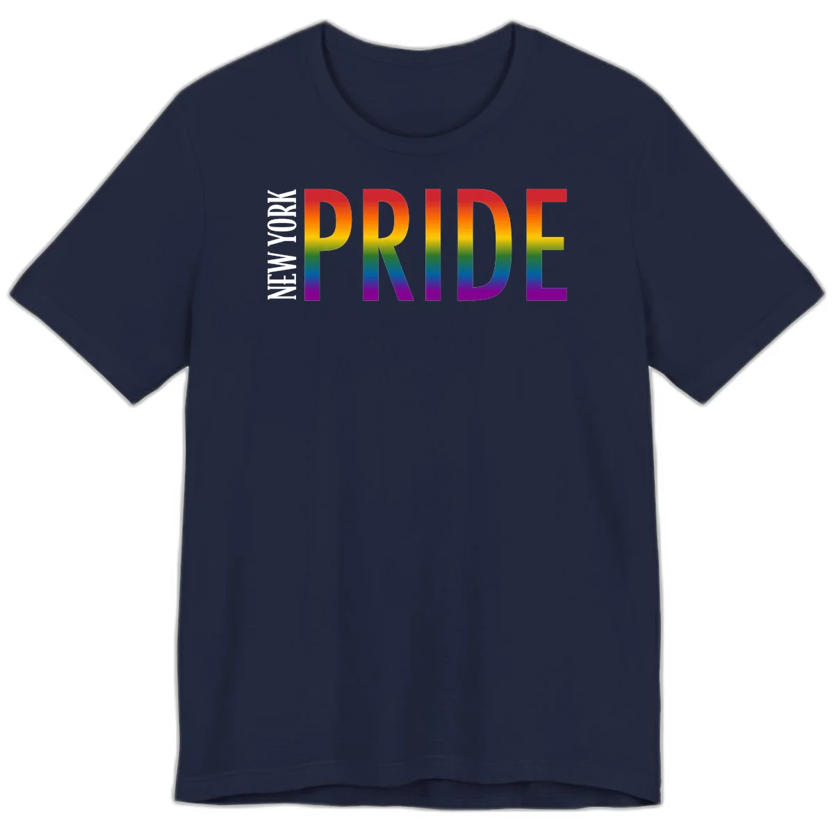 Pride rainbow gradient text design with bold letters transitioning through red, orange, yellow, green, blue, and purple spectrum colors in Navy