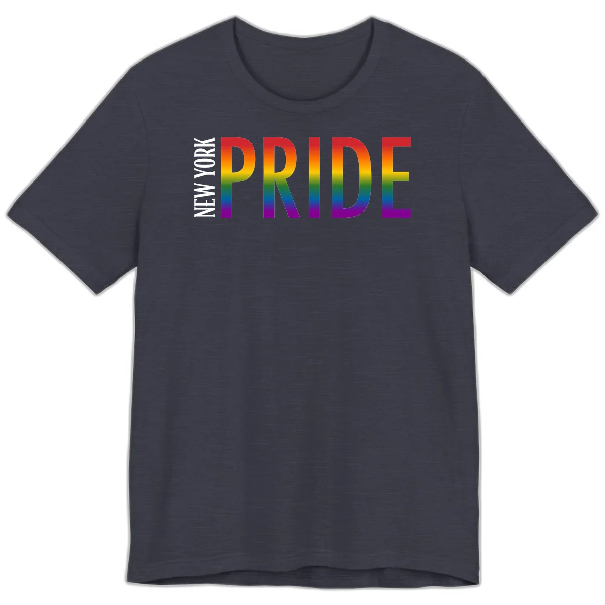 Pride rainbow gradient text design with bold letters transitioning through red, orange, yellow, green, blue, and purple spectrum colors in Heather Midnight Navy