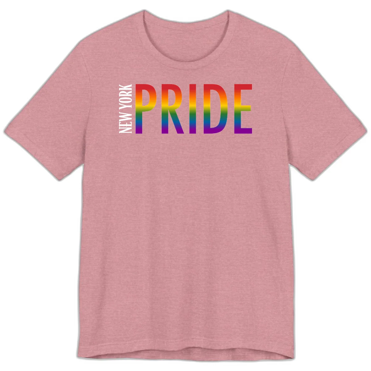 Pride rainbow gradient text design with bold letters transitioning through red, orange, yellow, green, blue, and purple spectrum colors in Heather Orchid