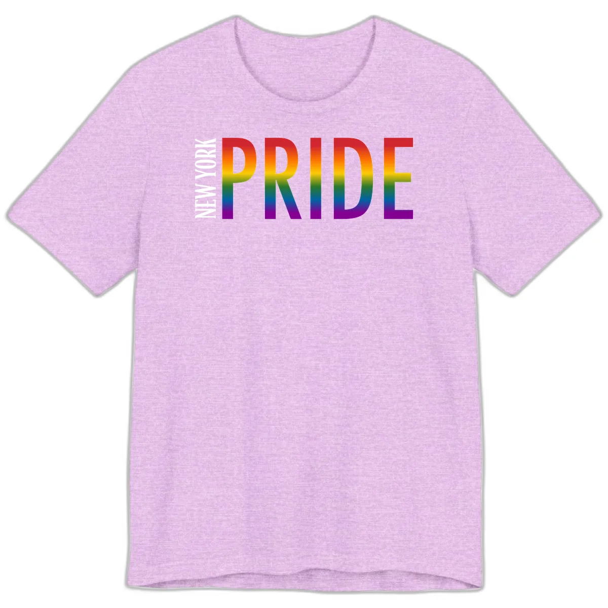 Pride rainbow gradient text design with bold letters transitioning through red, orange, yellow, green, blue, and purple spectrum colors in Heather Prism Lilac