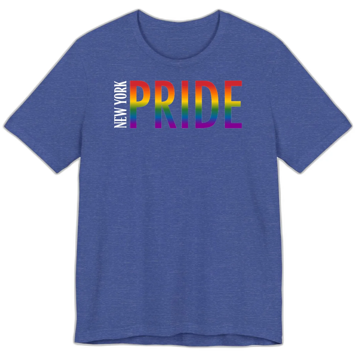 Pride rainbow gradient text design with bold letters transitioning through red, orange, yellow, green, blue, and purple spectrum colors in Heather True Royal